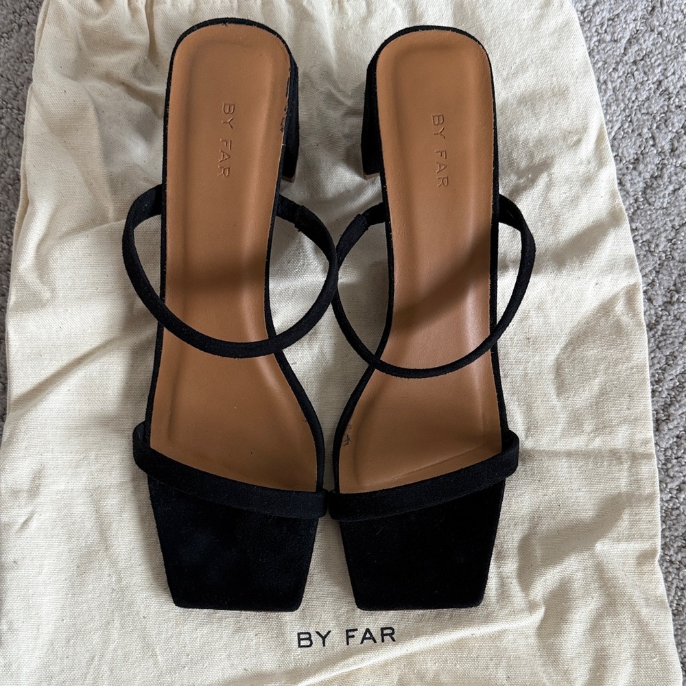 BY FAR Sz 41 Black Strappy Suede Heels